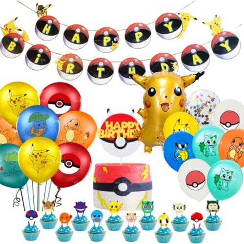 Pikachu Party Birthday Supplies Pokemon Balloons Banners Cake Decoration Topper Cake Flags Kids Adult Baby Shower Balloon Gift