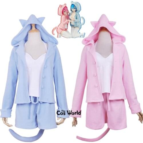Re Zero Kara Hajimeru Isekai Seikatsu Ram Rem Cat Pajamas Nighty Nightgown Sleepwear Uniform Outfit Anime Cosplay Costumes
