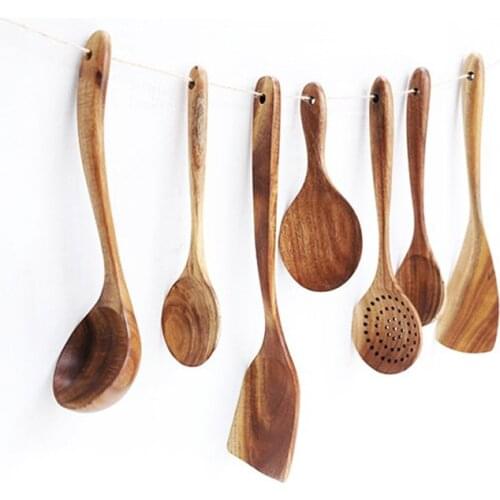 Teak Natural Wood Tableware Spoon Ladle Turner Rice Colander Soup Skimmer Cooking Spoon Scoop Kitchen Reusable Tool Kit