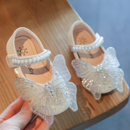Girls Butterfly Shoes 2021 New Fashion Autumn Girls Bling Princess Shoes String Bead Dance Shoes Child Anti-slip Flats D640