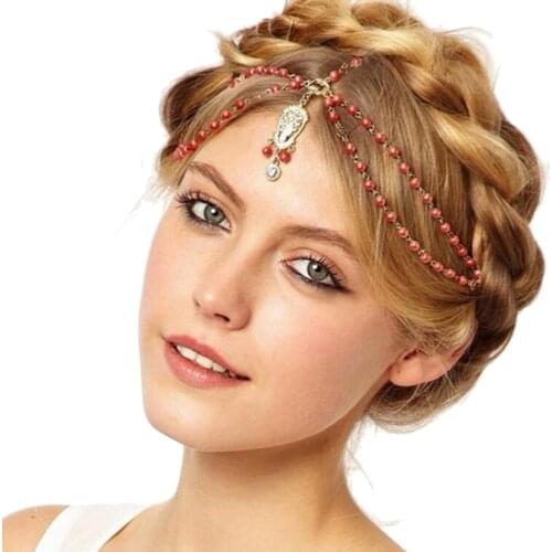 Hair Decoration Hair Band Head Dress Headbands Fashion Indian Boho Red Beaded Head Piece Women Head Chain Hair Jewelry