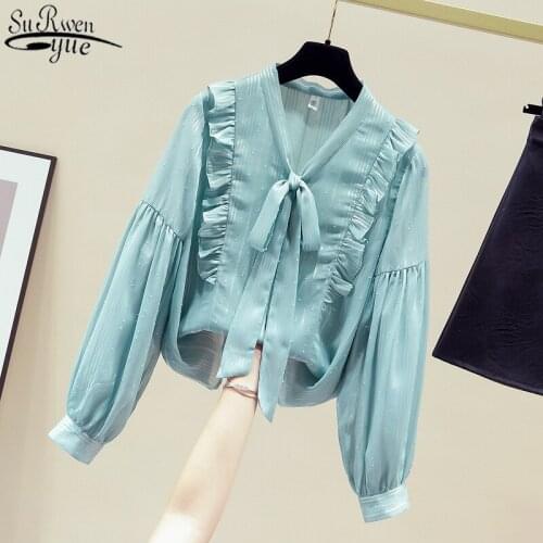 Bow V Collar Womens Shirt Autumn Hong Kong-Style Elegant Puff Long Sleeve Chiffon Blouse Green Ruffled Straight Pullover 11152