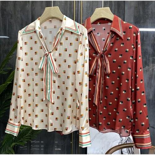 2021 Spring Geometric Print Shirt Bow Tie Lapel Long Sleeve Commuter Top Fashion Shirt Women