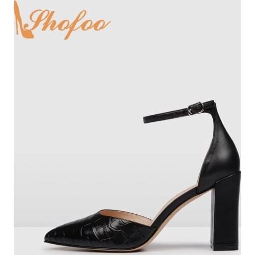 Black Croc Women Pumps High Chunky Heels Pointed Toe Ankle Strap Buckle Large Size 13 15 Lady Summer Fashion Mature Shoes Shofoo
