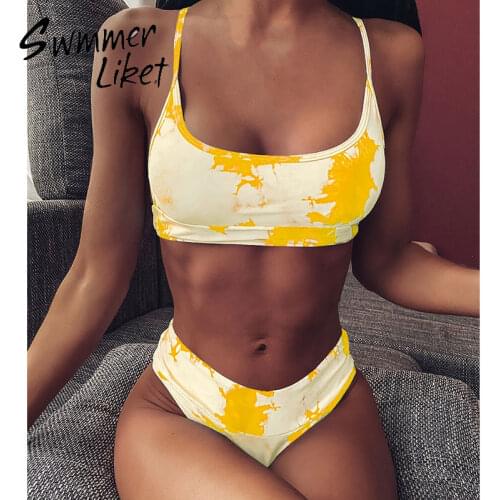 High waist swimsuit female two piece Sports bathing suit Summer print bikinis 2020 mujer Bandeau swimwear women bathers biquini