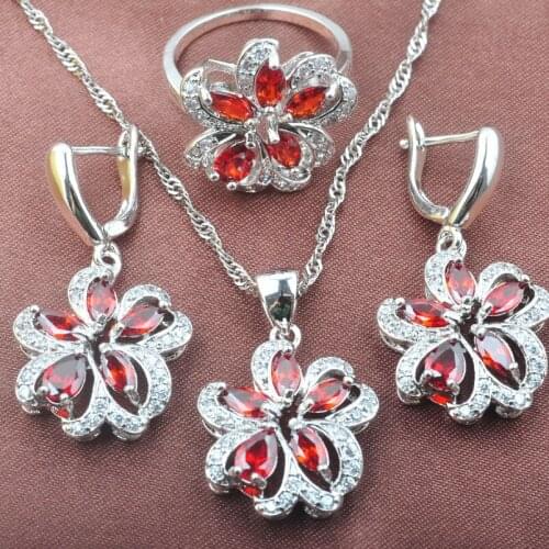 Fahion Flower Red Stone White CZ Womens Silver Color Jewelry Sets Necklace Pendant Earrings Ring TZ0534