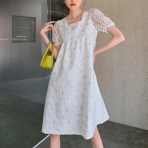 Fashion Womens Hollow Puff Sleeve Floral Dress Summer 2021 Square Neck High Waist Korean Fashion Cute Dress