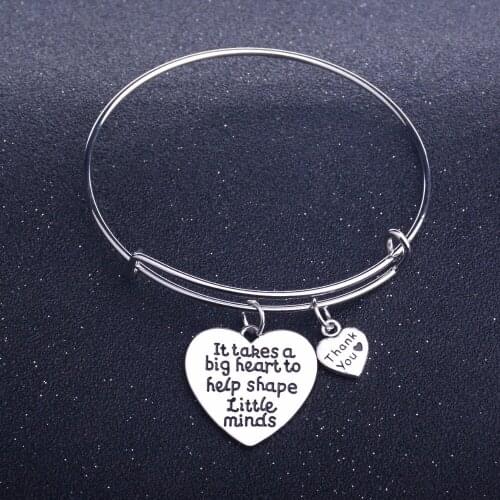 Bespmosp 12PC/Lot "It Takes A Big Heart To Help Shape Little Minds Thank You"Heart Pendant Bracelets Bangle Charm Chain Jewelry