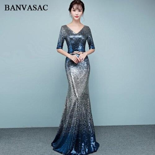 BANVASAC 2018 Sequined V Neck Half Sleeve Mermaid Long Evening Dresses Party Metal Leaf Sash Backless Prom Gowns
