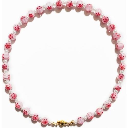 2021 Fashion Creative Pink Flower Bead Necklace Women Exquisite Imitation Pearl Choker украшение на шею Gift For Best Friend