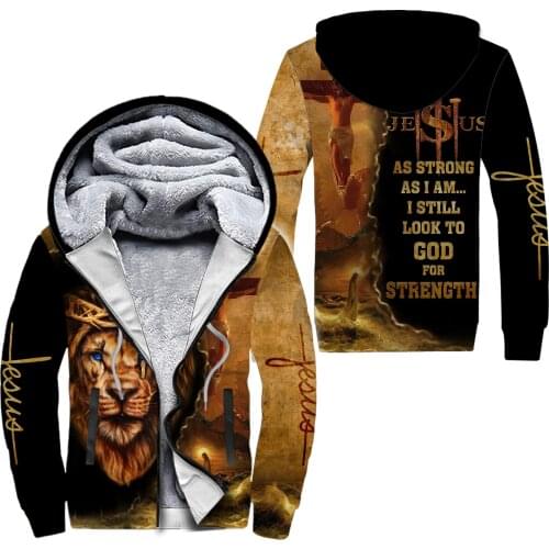 Jesus and Lion 3D printed Fleece zipper Hoodies Men Women Winter Warm plus velvet jacket cosplay costumes Casual Coat