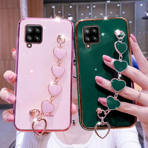 Wrist Bracelet Phone Case For Samsung A42 5G Case Luxury Heart Chain Plating Cover For Samsung A42 A50 A50S A30S M40s A90 Capa
