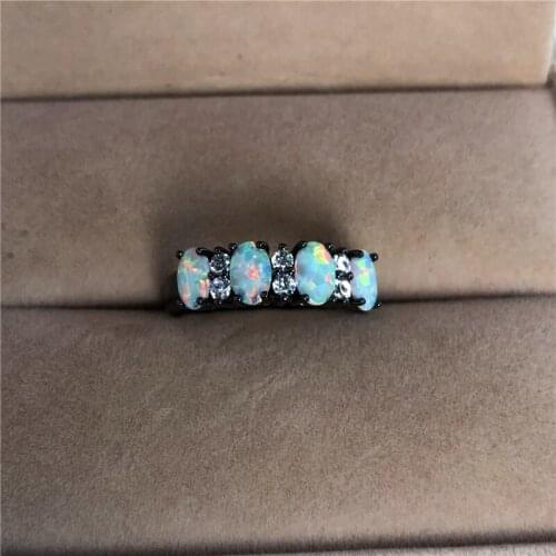 Minimalist Boho Female Small White Opal Ring Simple Oval Black Gold Filled Ring Vintage Party Wedding Rings For Women