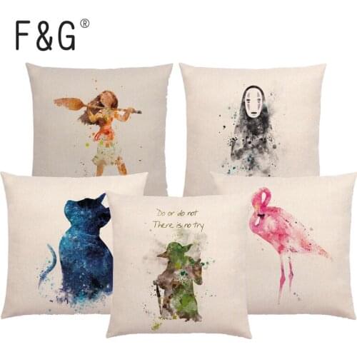 Cartoon Watercolor Cushion Cover Wild Jellyfish Thunderbird Cat Flamingo Magic Print Home Car Sofa Decoration Pillowcase