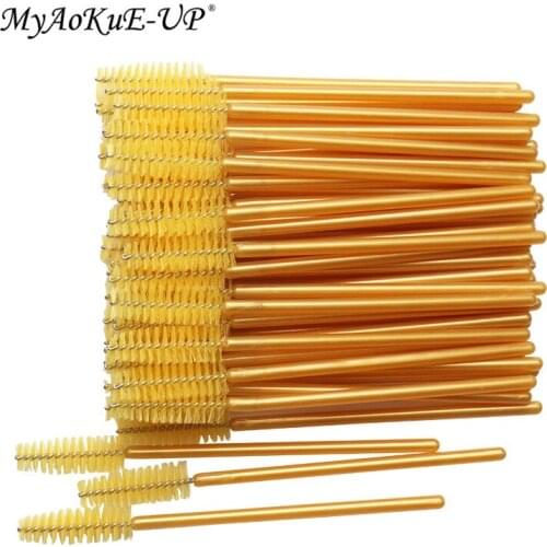 New Arrived 200pcs Golden Handle Yellow Brushes Nylon Disposable Mascara Wands Lashes Makeup Brushes Eyelash Extension
