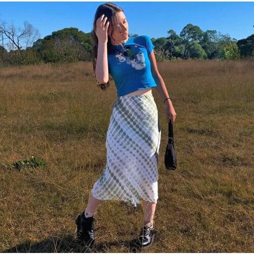 Harajuku Girl Fall Skirt Over-Knee Fashion Tie Dye Printed Midi Skirt Vintage High Waist A-Line Skirts Women Streetwear Outfits