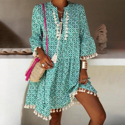 Summer Casual Women Fashion Fringed Vintage Print Mini Party Dress Ladies New Elegant Sexy 3/4 Sleeve V Neck Loose Beach Dress