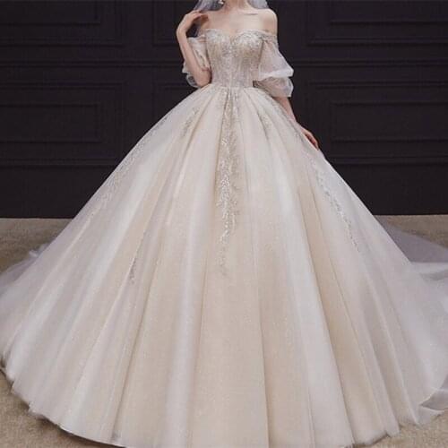 Luxury Beaded Off Shoulder Wedding Ball Gowns Real Photos Custom Made Plus Size 2021 Lace Up Half Sleeves Appliqued Bridal Dress