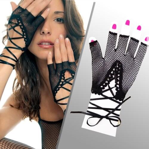 Sexy Fishing Net Mesh Hollow Glove Transparent Short Lace Black Half Finger Gloves Elastic Cosplay Party Bar Pole Dance Gloves