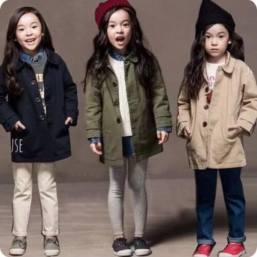 16 Korean Childrens Garment Pattern Girl Baby Solid Color Long Windbreaker Loose Coat Girl Defence Windbreaker Jacket