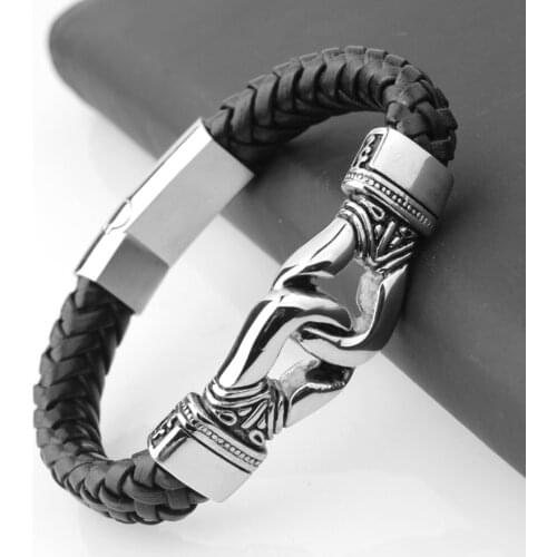 Vintage Stainless Steel Silver Color&Black Genuine Leather Woven Pattern Handcuffs Bracelet Chain Cuff Bangle Mens Boys Jewelry