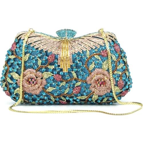 Female Blue/Pink/Yellow Rhinestone Crystal Prom Handbags Fashion Women’s Party Gold Metal Prom Purse Wedding Chain Small Bags