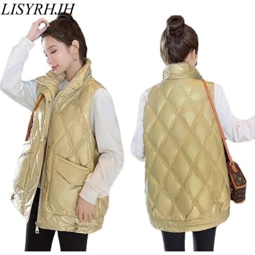2021 New Stand Collar Womens Winter Solid Vest Short Style Thick Quilting Female Sleeveless Pockets Duck Down Vest Jacket