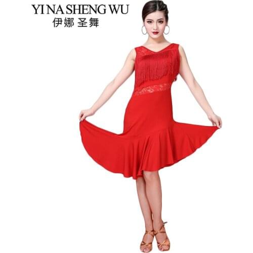 New Women Latin Dance Performance Competition Tassel Dress Ballroom Salsa Cha Cha Rumba Adult Latin Dance Practice Lace Dress