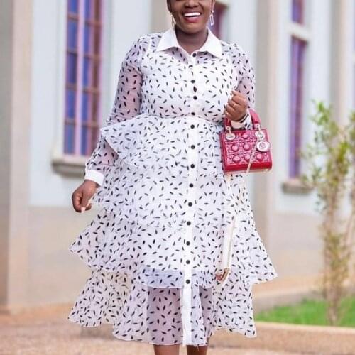 2021 Fashion African Dress For Women Transparent Full Sleeve Single Breasted Turn Down Collar Mid Calf Vestidos Dress Midi 2021