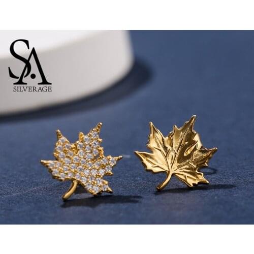 SA SILVERAGE 925 Sterling Silver Yellow Gold Color Maple Leaf Stud Earrings Woman 925 Silver Gold Zirconia Asymmetry Earrings