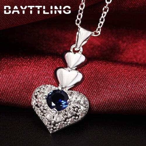 BAYTTLING 18 Inch 925 Sterling Silver Heart Shaped Blue Zircon Pendant Necklace For Woman Fashion Glamour Wedding Gift Jewelry
