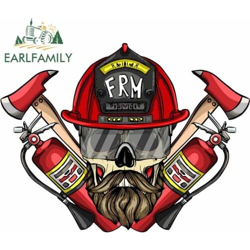 EARLFAMILY 13cm Cool Fireman Skull Car Stickers and Decals Bumper Trunk Windows VAN RV Personality Vinyl Car Wrap Decoration