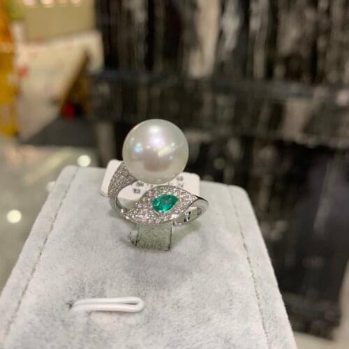 12-12.5MM natural south sea pearl ring 18K white gold with diamond leaf adjustable size luxury fine women jewelry free shipping