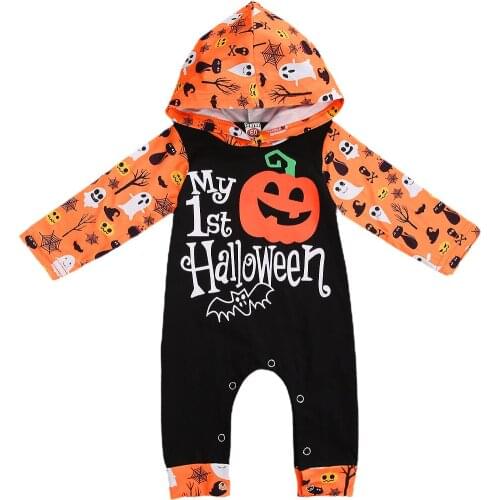 Newborn Baby Girls Boys My First Halloween Hooded Romper Long Sleeve Pumpkin Print Jumpsuit Toddler Festival Clothes 0-3Y