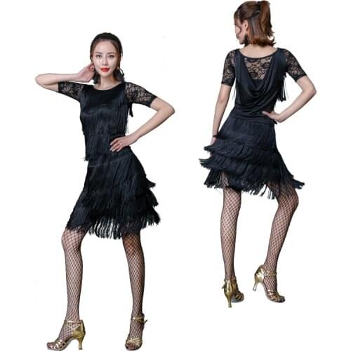 Latin Dance Costume For Women Female Adult Short Sleeved Dance Practice Suit Ballroom Cha Cha Performance Clothing Tassel Dress