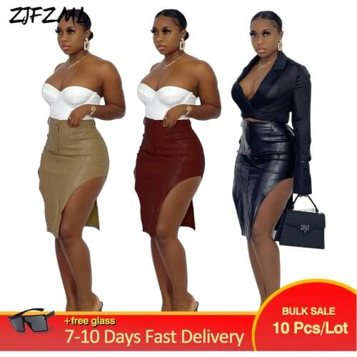 Bulk Items Wholesale Lots Womens Skirt High Street Style PU Faux Leather Bodycon Skirts Vintage Autumn Side Split Slim Bottom