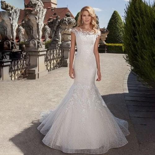 Lace Vestido De Noiva Muslim Wedding Dresses Mermaid Cap Sleeves Appliques Boho Wedding Gown Bridal Dresses