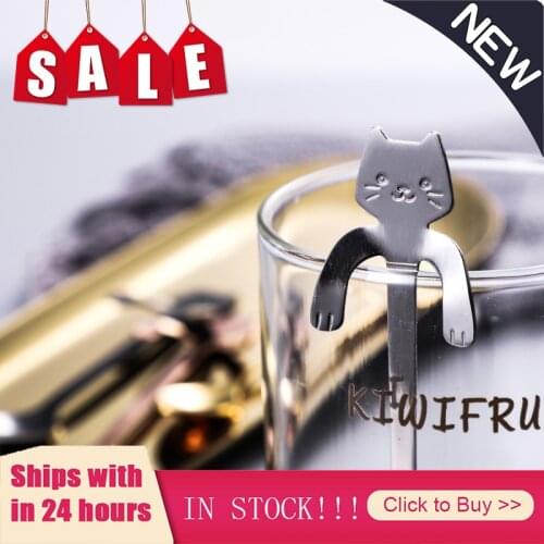 Stainless Steel Spoons Lovely Cartoon Cat Hanging Coffee Cup Spoon Ice Cream Dessert Teaspoon Creative Hanging Scoop Tableware