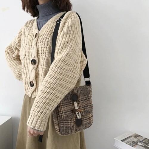 Women Small Woolen Canvas Bags Scottish Checked Horn Vintage Plaid Female Shoulder Bag Ladies Casual Shoulder Bag Cloth Purse
