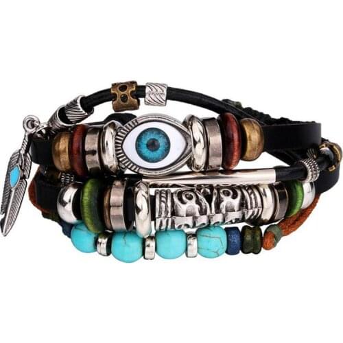 Hot Selling Blue Eyes Handmade Beaded Multilayer Bracelet Mens Casual Fashion Woven Leather Bracelet Female Punk Mens Jewelry