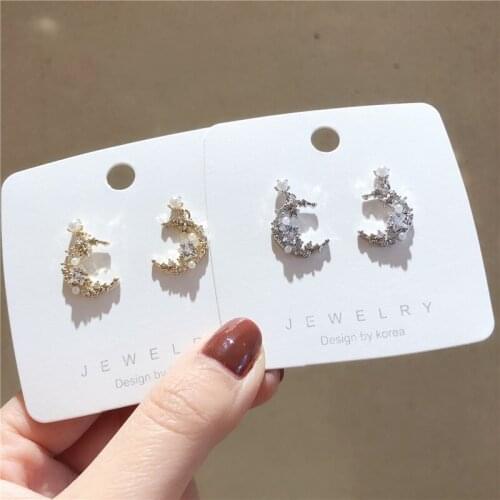 Trendy Fashion Crystal Imitation Pearl Moon Star Stud Earrings Female Needle Elegant Earrings Women Wedding Bride Jewelry Gift