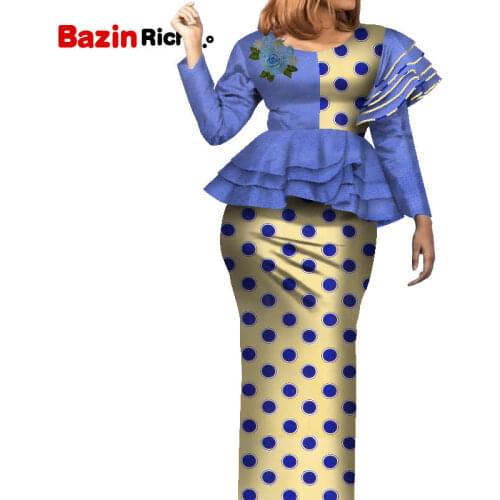 Fashion Patchwork Long Sleeve Dashiki Skirt Suit African Bazin Fabric Plus Size African Women Skirt Set WY7905