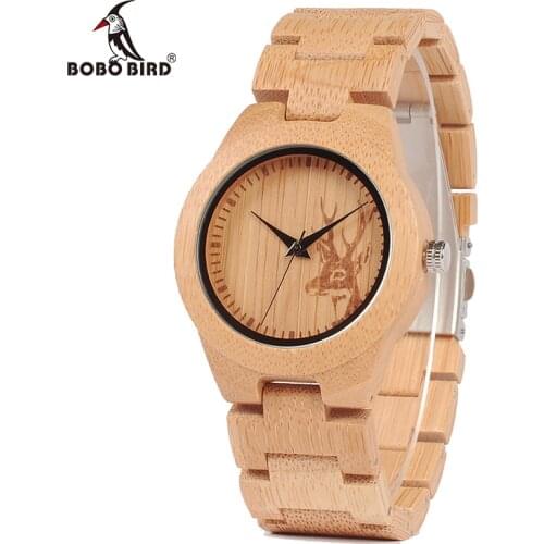 BOBO BIRD V-E04 Mens Womens Wooden Watch Engraved Deer Design Bamboo Dial Ladies Quartz Wristwatch reloj de los hombres