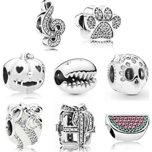 Original Bears Paw Sweet Music Note Coffee Bean Shell Pumpkin With Crystal Charms Fit Europe Bracelet 925 Sterling Silver Bead