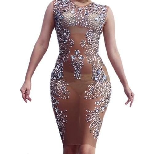 Luxurious Rhinestones Pearls Mesh Long Sleeve Short Dresses Women Birthday Celebrate Prom Party Dress Singer Performance Outfit