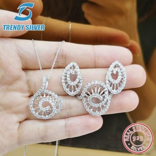 Complete pure 925 sterling silver zirconia clear CZ luxury jewelry set ring earrings for woman pendant necklace trendy design