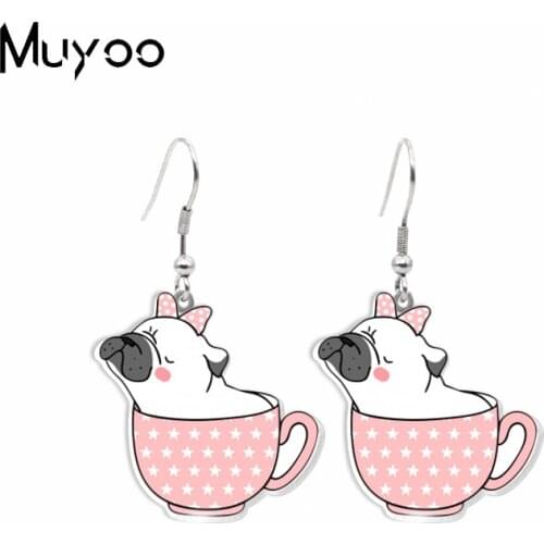 2021 New Funny Pug in the Cup Epoxy Acrylic Resin Fish Hook Earrings Kawaii Pug Puppy Dogs Handmade Jewelry Dangles