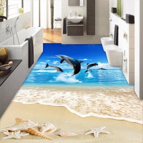 Modern Simple 3D Floor Tile Mural Creative Jumping Dolphin Waves Beaches Photo Wallpaper PVC Waterproof Vinyl Wall Paper Sticker