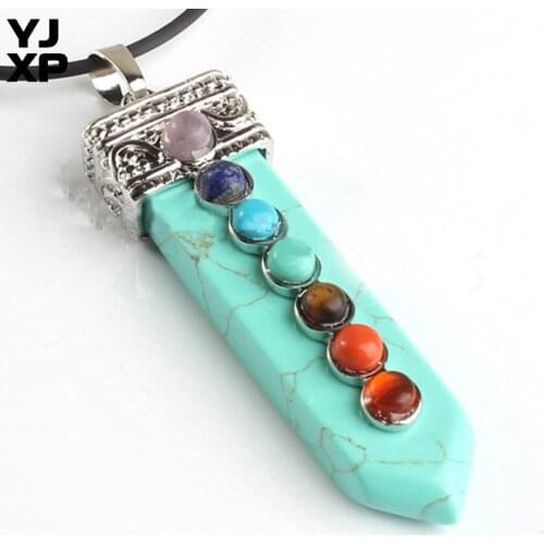 YJXP Classic Silver Plated Sword Shape Green Turquoises Stone with Round Beads Chakra Pendant Vintage Jewelry