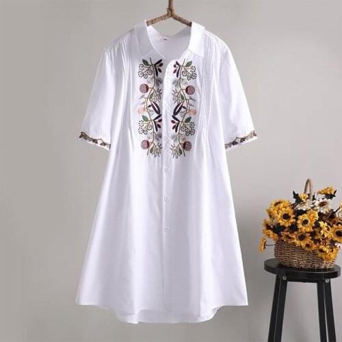 Summer Casual Womens Embroidery White Navy Red Short Sleeve 100% Cotton Long Blouse Top Shirt , Tops and Blouses for Women